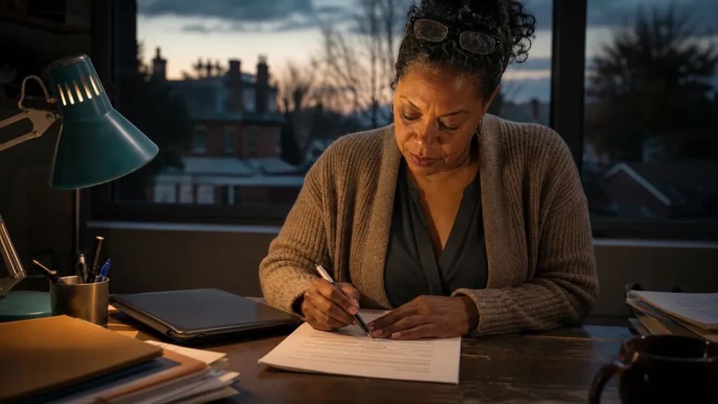 An office manager circles a line on a printed page under a desk lamp at dusk. (AI-generated image)