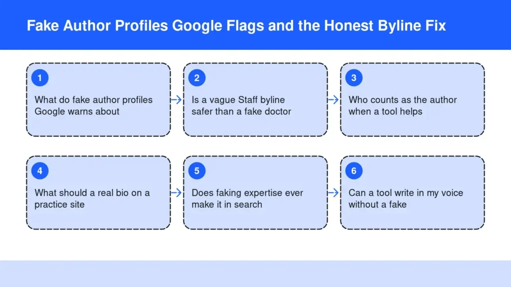 Diagram: Fake Author Profiles Google Flags and the Honest Byline Fix — What do fake author profiles Google warns about; Is a vague Staff byline safer than a fake doctor; Who counts as the author when a tool helps; What should a real bio on a practice