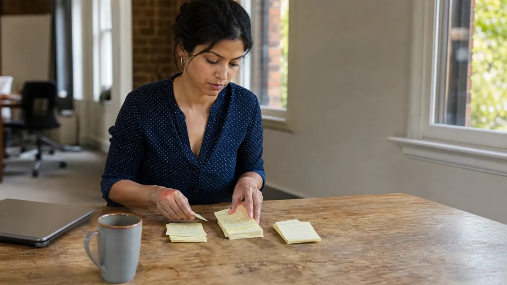 Hands sort handwritten call notes into three piles on a wooden worktable. (AI-generated image)