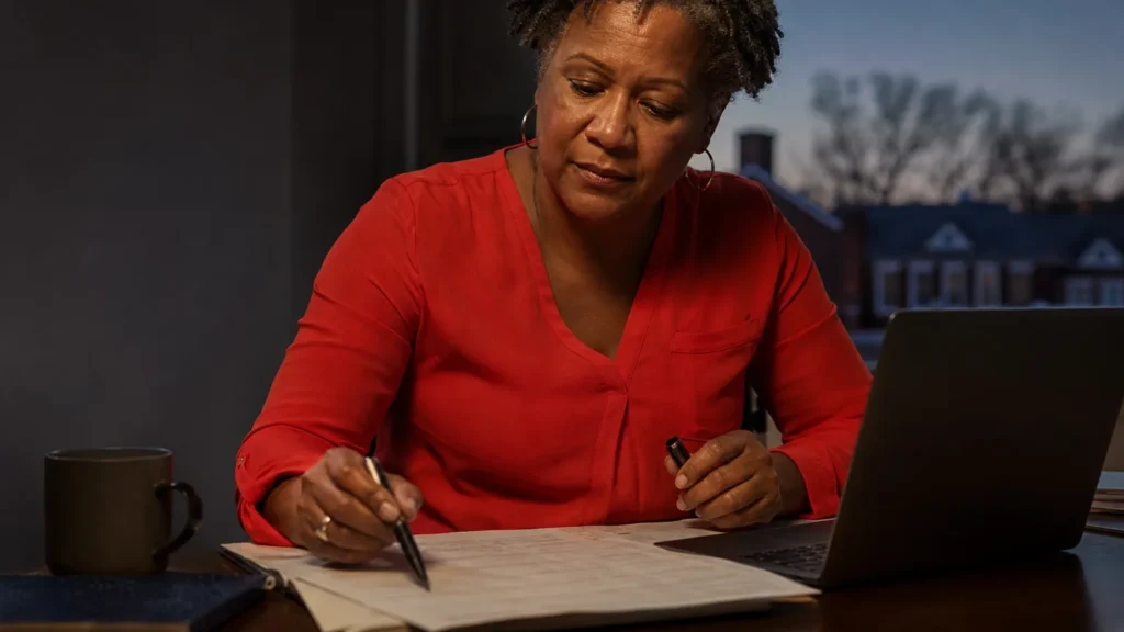 An office manager traces a pen down a printed report beside a laptop in warm lamplight. (AI-generated image)