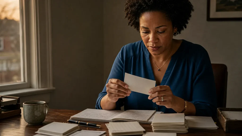 A practice owner sorts index cards of patient questions at her desk in evening light. (AI-generated image) A practice owner sorts index cards of patient questions at her desk in evening light. (AI-generated image)