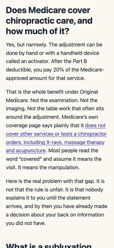 A post PublishSense wrote, on a phone: a question as the heading, the answer straight under it, and a claim linked to Medicare's own coverage page